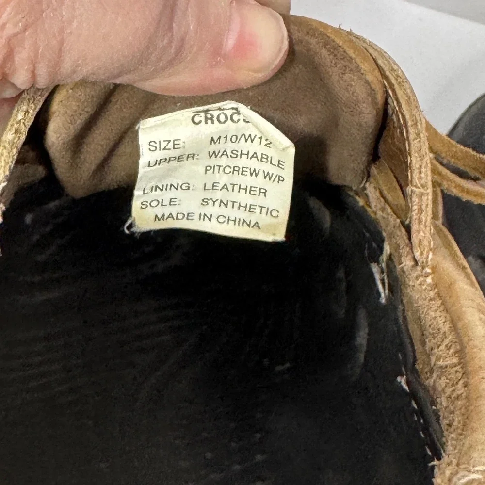 Crocs Pitcrew Boat Shoes Mens 10 Womens 12 Black Tan Leather Laced Clogs Slip On
